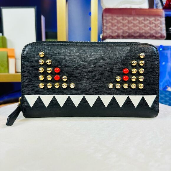 Fendi Black Monster Leather Gold Studded Zip Around Wallet - Picture 12 of 12